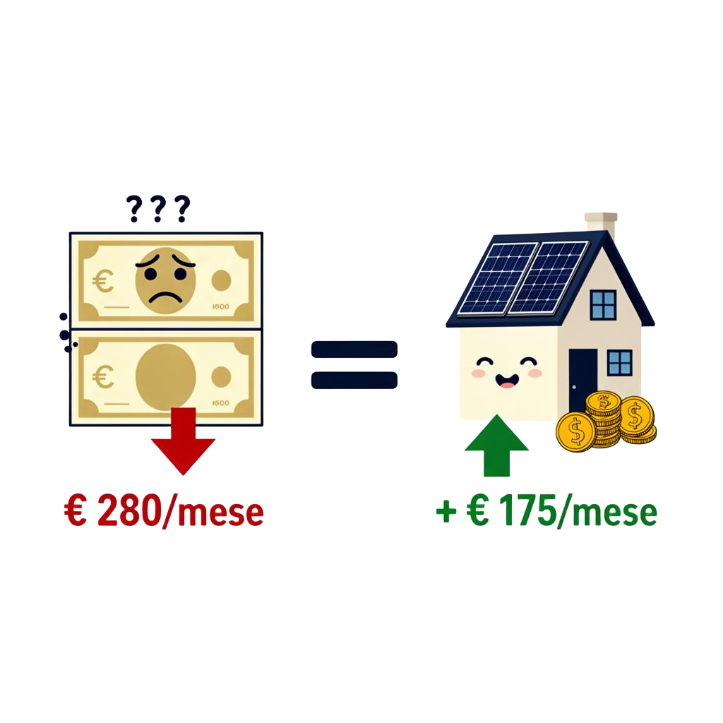 Illustrazione: 280 euro al mese in uscita diventano 175 euro in entrata