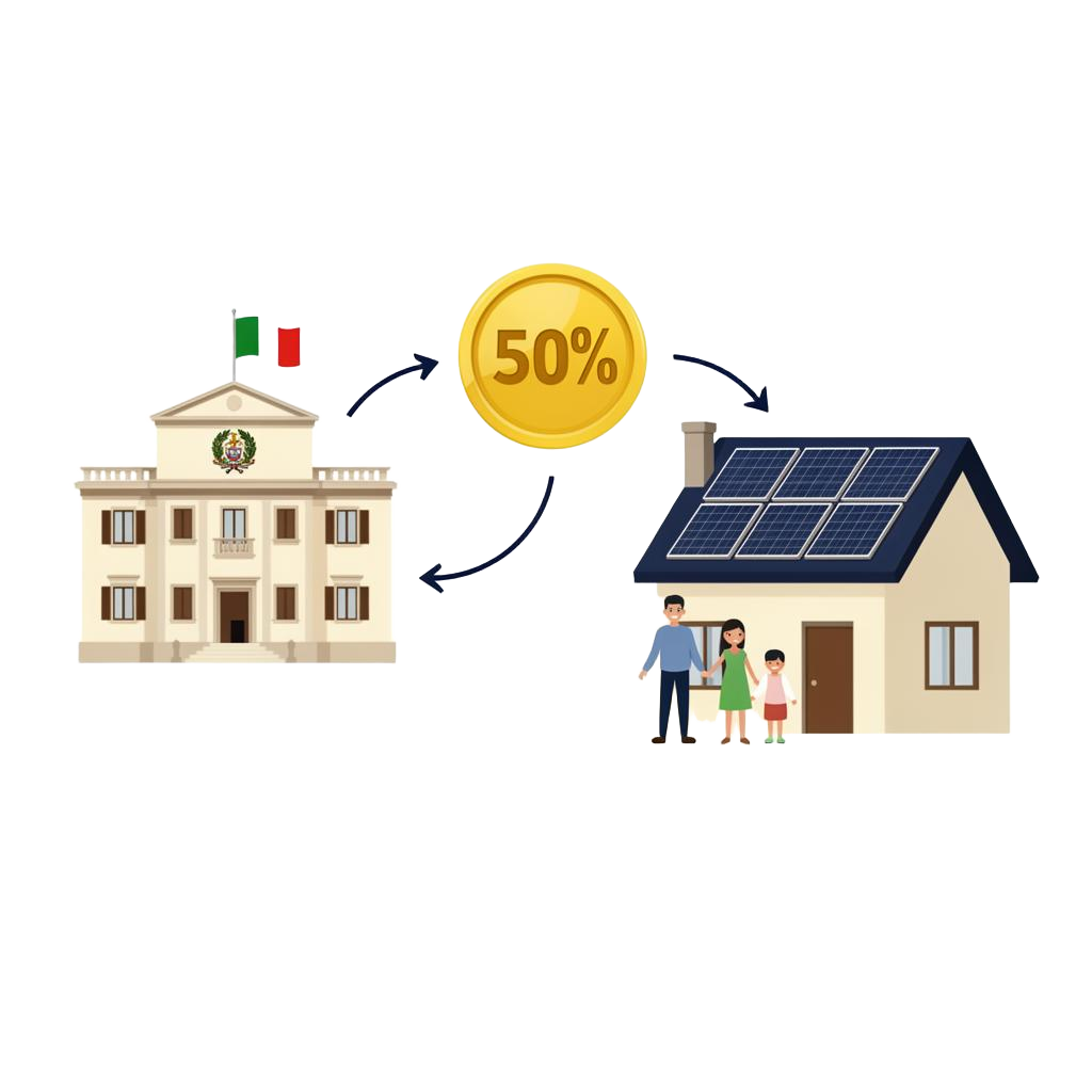 Illustrazione: lo Stato italiano restituisce il 50% del costo dell'impianto alla famiglia